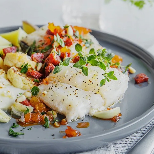 Torsk med chorizosalsa og blomkålpuré