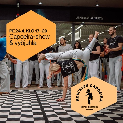 Respeite Capoeiran capoeira show & vyöjuhla K-aulassa pe 24.4. klo 17–20 – tervetuloa katsomaan!